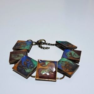 Hand Crafted Polymer Clay Bracelet - Multicolored One-of-a-kind Brown Gold Mint